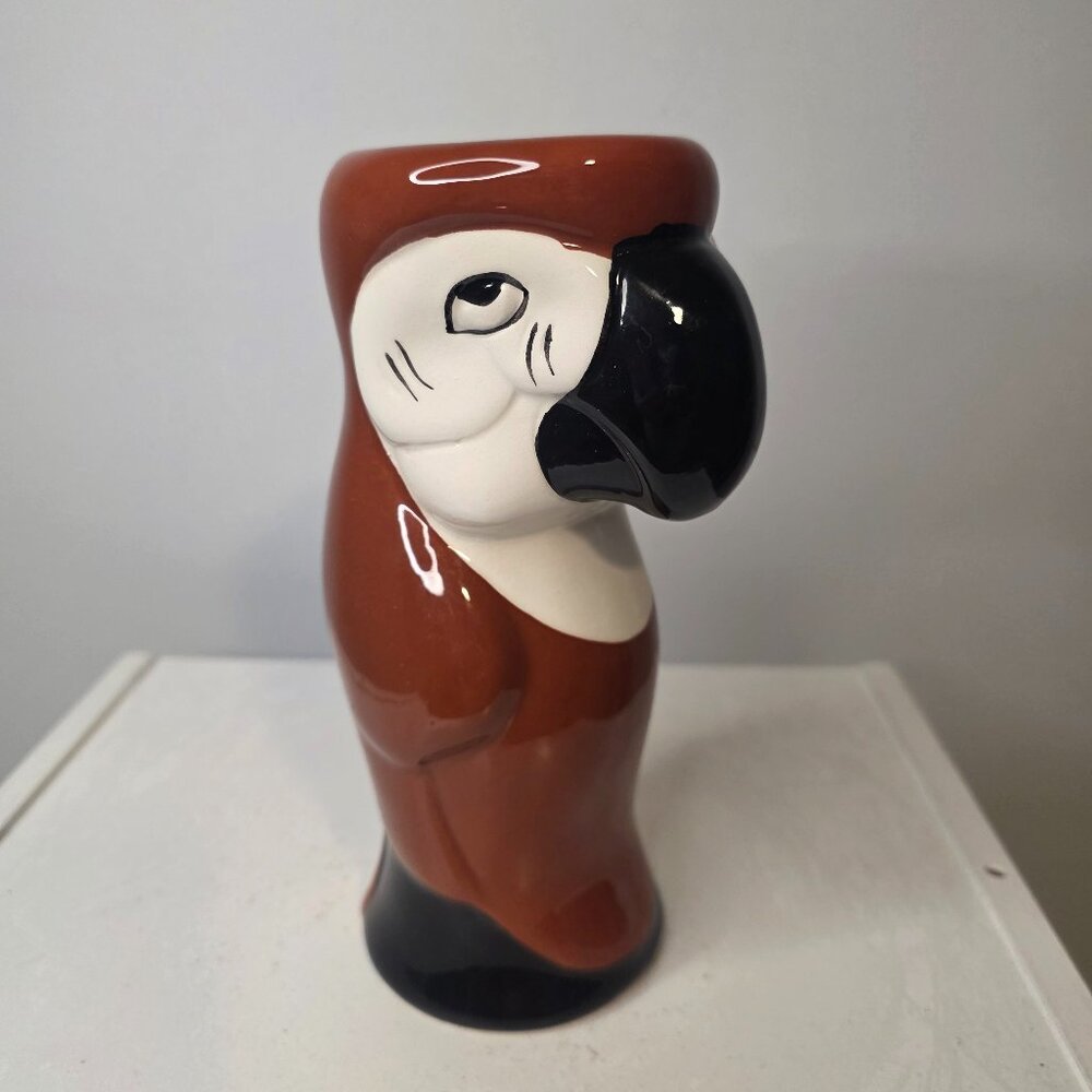 Vintage Ceramic Tropical Brown Parrot Tiki Vase Cup 8"